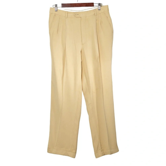 Bill Blass Sandwash Silk Pleat-Front Trousers 36 x 29 Butter Yellow 80s 90s Soft - Picture 1 of 8